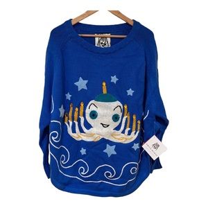 Whoopi Womens Blue Crew-Neck Long-Sleeve Octopus Menorah Sweater Size L
